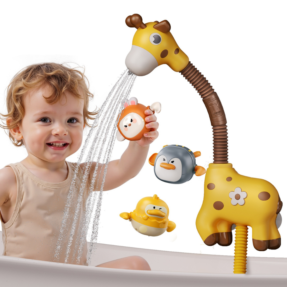 Jucarie Electrica de Baie cu Dus pentru Bebelusi si Copii Tumama®, Model Girafa, 3 Jucarii Plutitoare