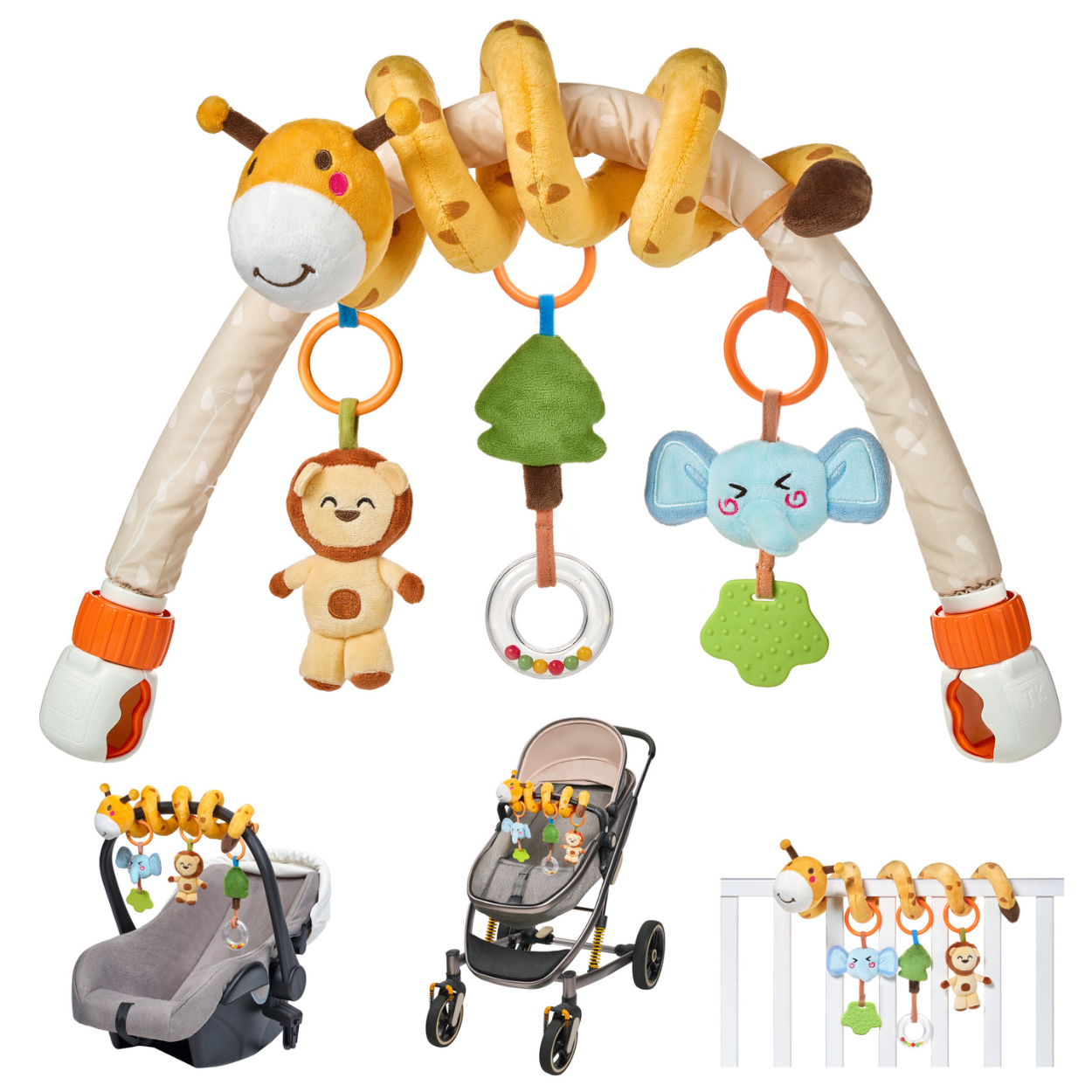 Set 2 in 1 Tumama® – Arcada cu Jucarii pentru Carucior, Patut si Scaun Auto - Model Girafa Zambitoare