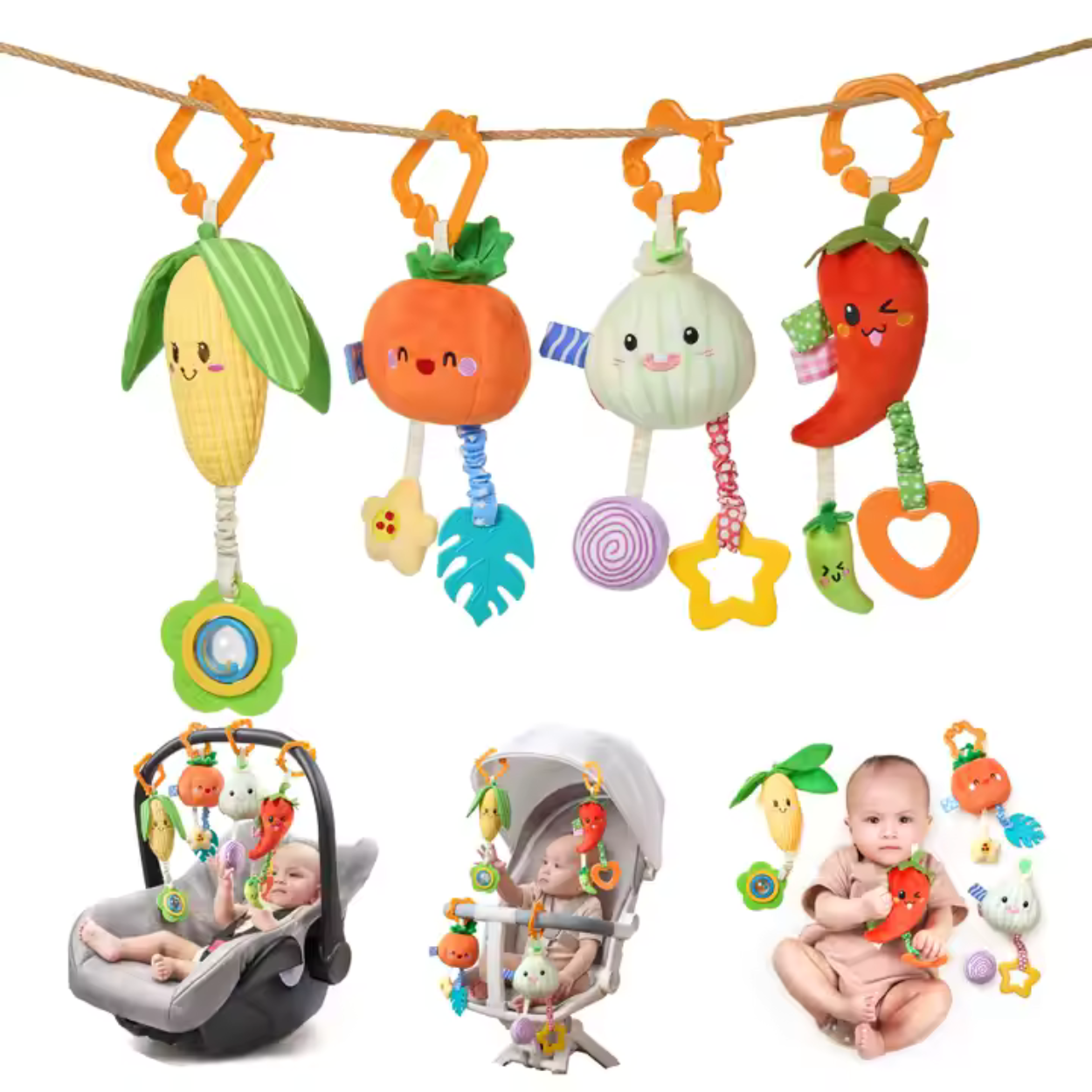 Set 4 Jucarii pentru Bebelusi Tumama®, Model Legume cu Inele Speciale pentru Dentitie si Zornaitoare