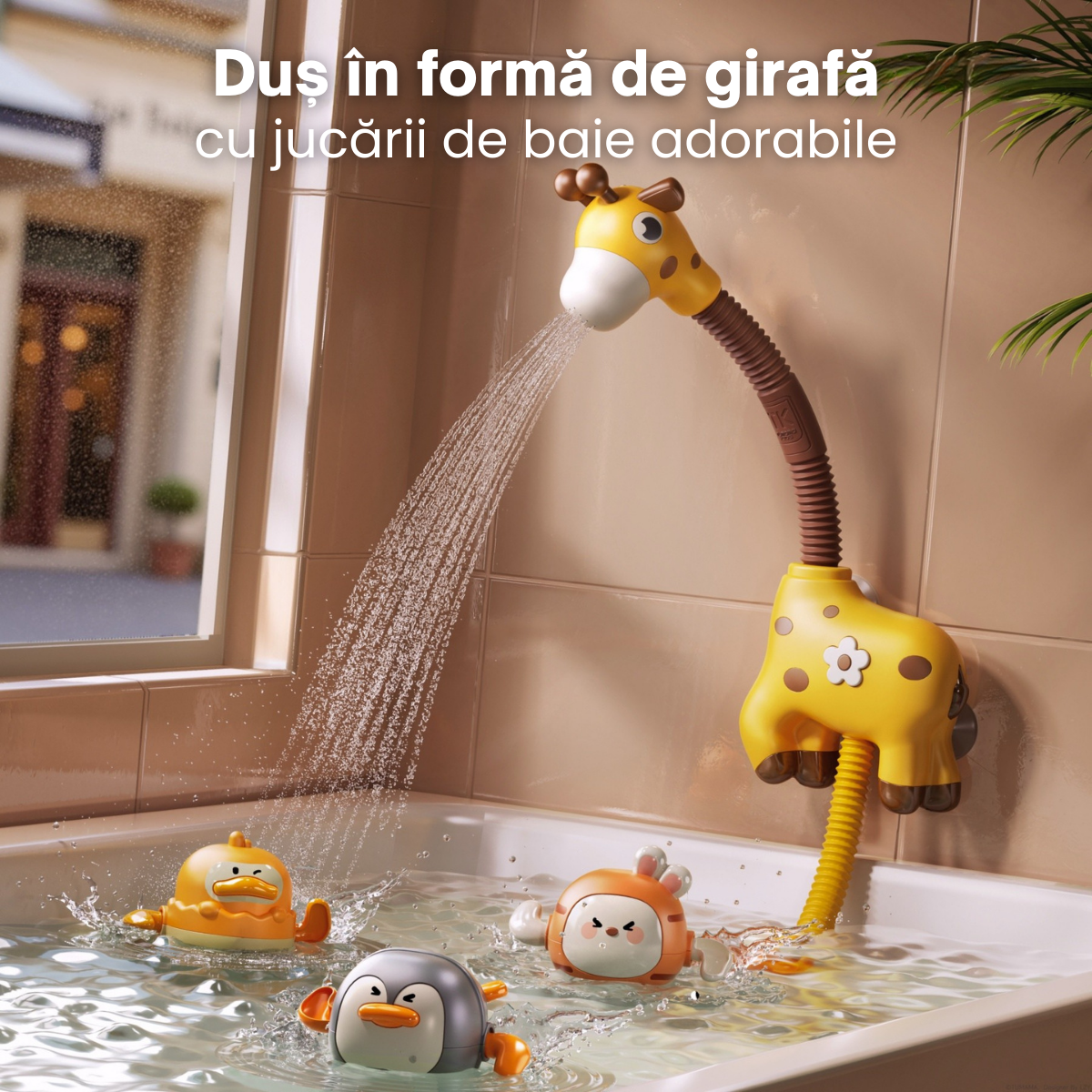 Jucarie Electrica de Baie cu Dus pentru Bebelusi si Copii Tumama®, Model Girafa, 3 Jucarii Plutitoare