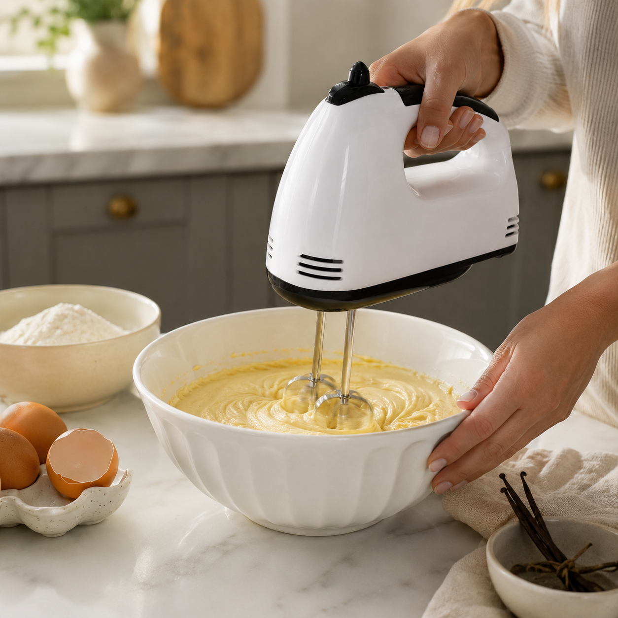1+1 GRATIS – Mixer de Mână Scarlett, 7 Viteze, Compact și Ușor, cu Palete pentru Mixare și Cârlige pentru Aluat