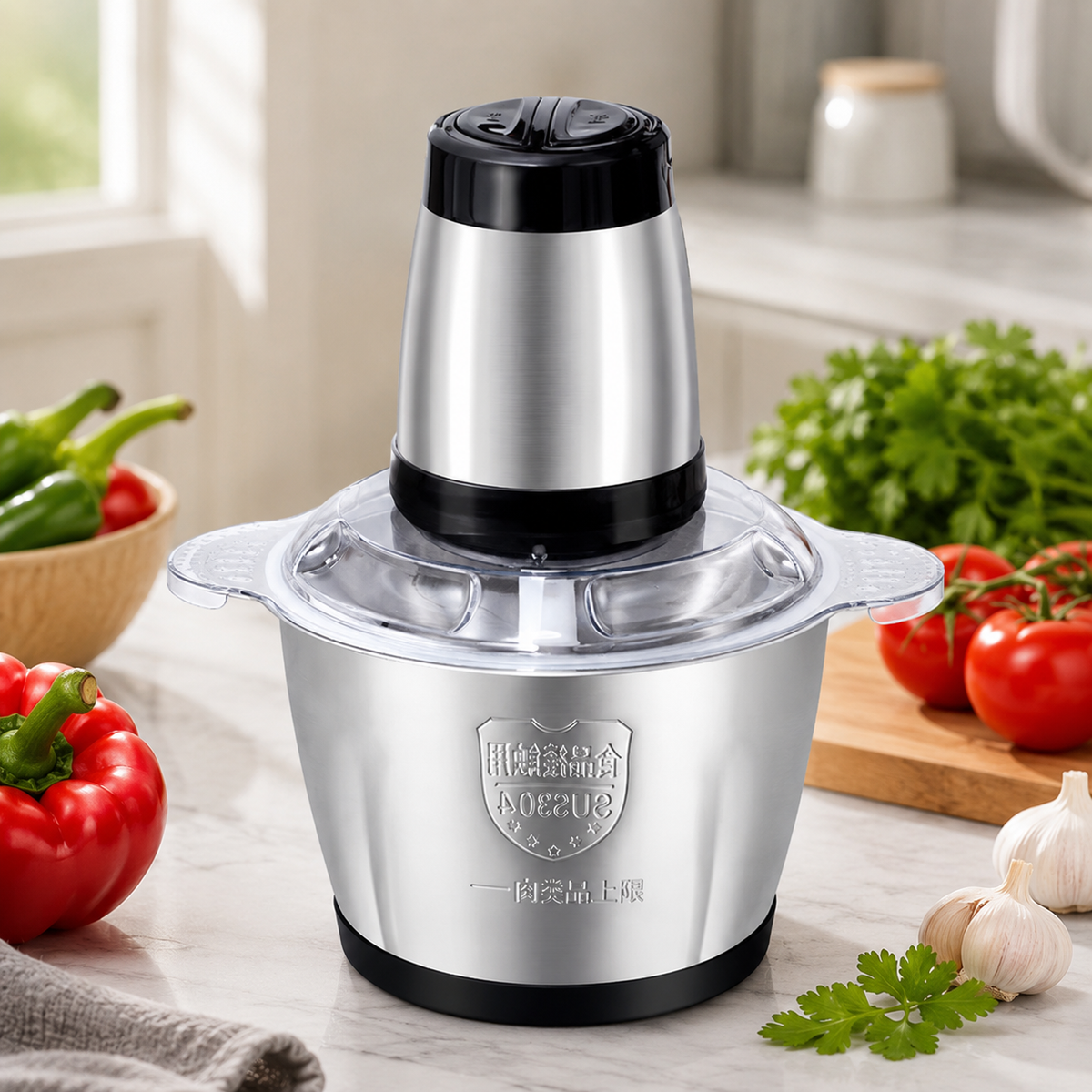 Tocător Electric Multifuncțional 3L, Bol din Inox, 2 Viteze, Lame din Inox, Capac Transparent – pentru Carne, Legume, Fructe și Nuci