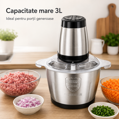 Tocător Electric Multifuncțional 3L, Bol din Inox, 2 Viteze, Lame din Inox, Capac Transparent – pentru Carne, Legume, Fructe și Nuci