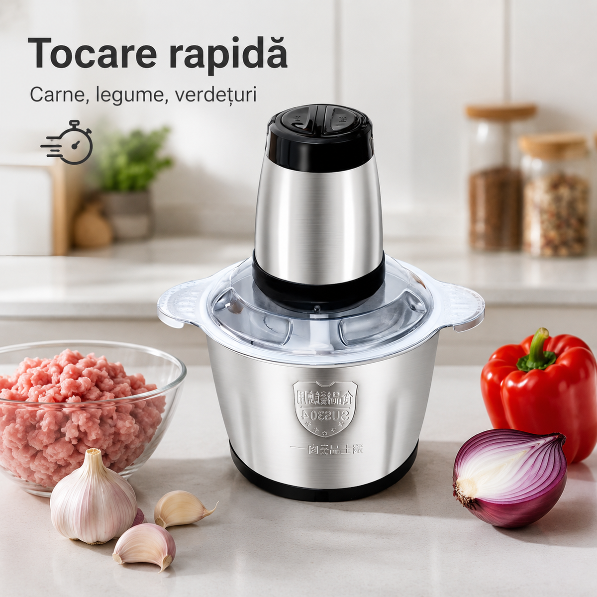 Tocător Electric Multifuncțional 3L, Bol din Inox, 2 Viteze, Lame din Inox, Capac Transparent – pentru Carne, Legume, Fructe și Nuci