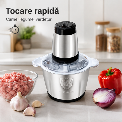 Tocător Electric Multifuncțional 3L, Bol din Inox, 2 Viteze, Lame din Inox, Capac Transparent – pentru Carne, Legume, Fructe și Nuci