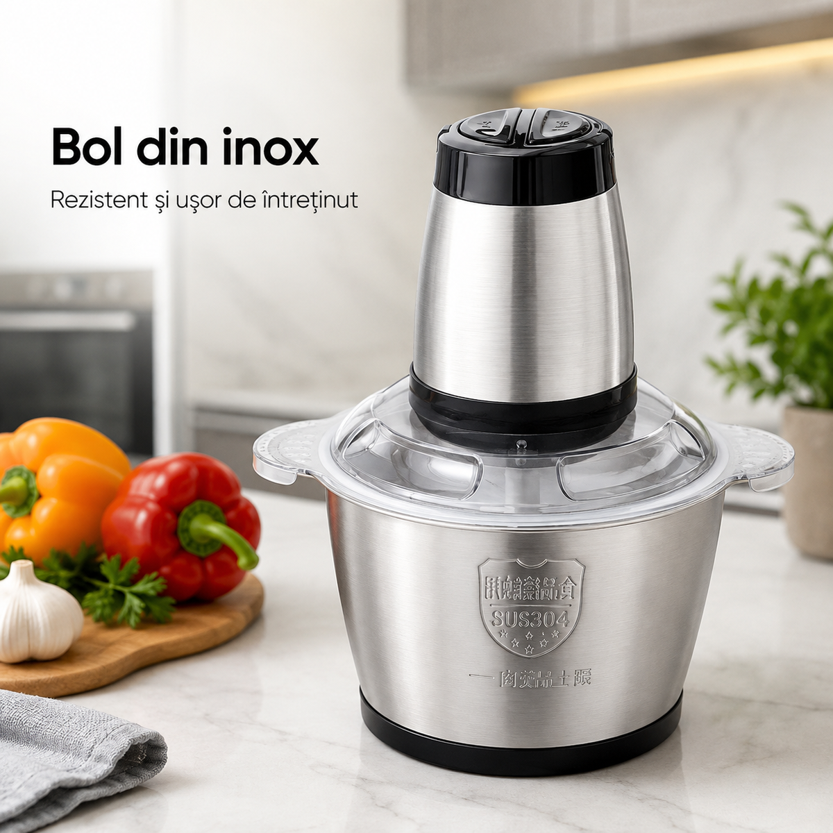 Tocător Electric Multifuncțional 3L, Bol din Inox, 2 Viteze, Lame din Inox, Capac Transparent – pentru Carne, Legume, Fructe și Nuci