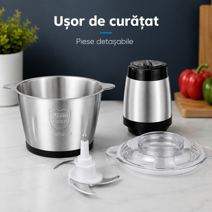 Tocător Electric Multifuncțional 3L, Bol din Inox, 2 Viteze, Lame din Inox, Capac Transparent – pentru Carne, Legume, Fructe și Nuci