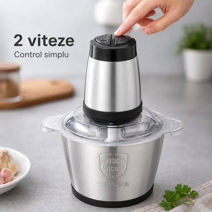 Tocător Electric Multifuncțional 3L, Bol din Inox, 2 Viteze, Lame din Inox, Capac Transparent – pentru Carne, Legume, Fructe și Nuci