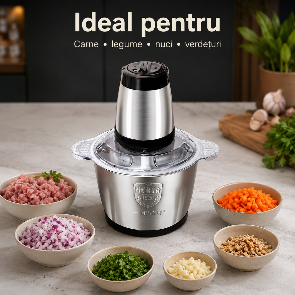 Tocător Electric Multifuncțional 3L, Bol din Inox, 2 Viteze, Lame din Inox, Capac Transparent – pentru Carne, Legume, Fructe și Nuci