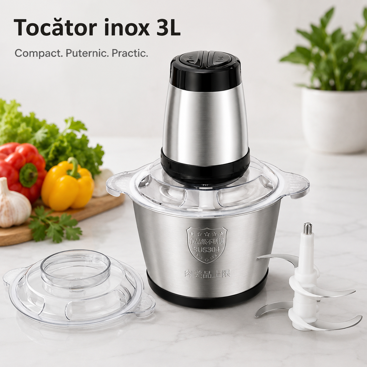 Tocător Electric Multifuncțional 3L, Bol din Inox, 2 Viteze, Lame din Inox, Capac Transparent – pentru Carne, Legume, Fructe și Nuci