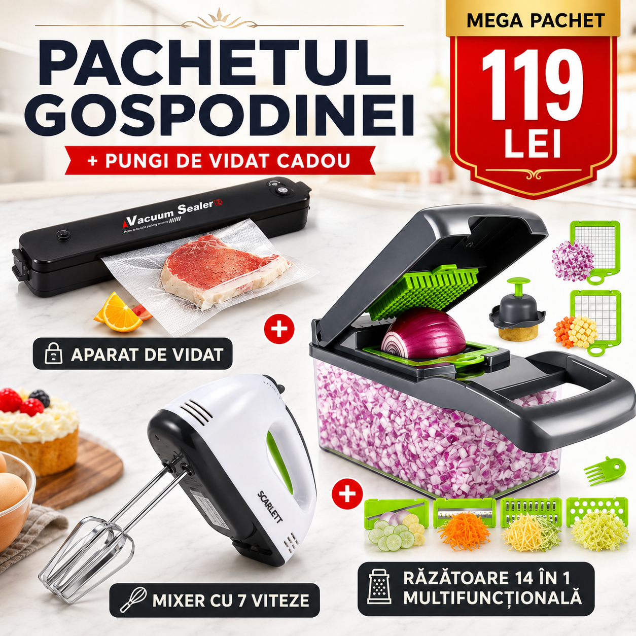 Pachetul Gospodinei 3 în 1:  Aparat de Vidat, Mixer cu 7 Viteze și Răzătoare 14 în 1 + Pungi Cadou