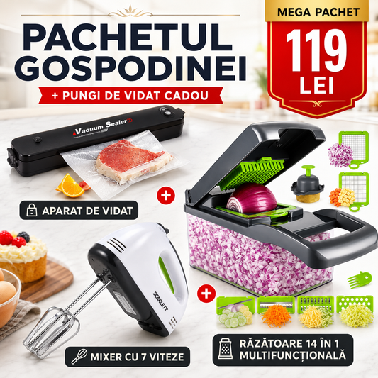 Pachetul Gospodinei 3 în 1:  Aparat de Vidat, Mixer cu 7 Viteze și Răzătoare 14 în 1 + Pungi Cadou