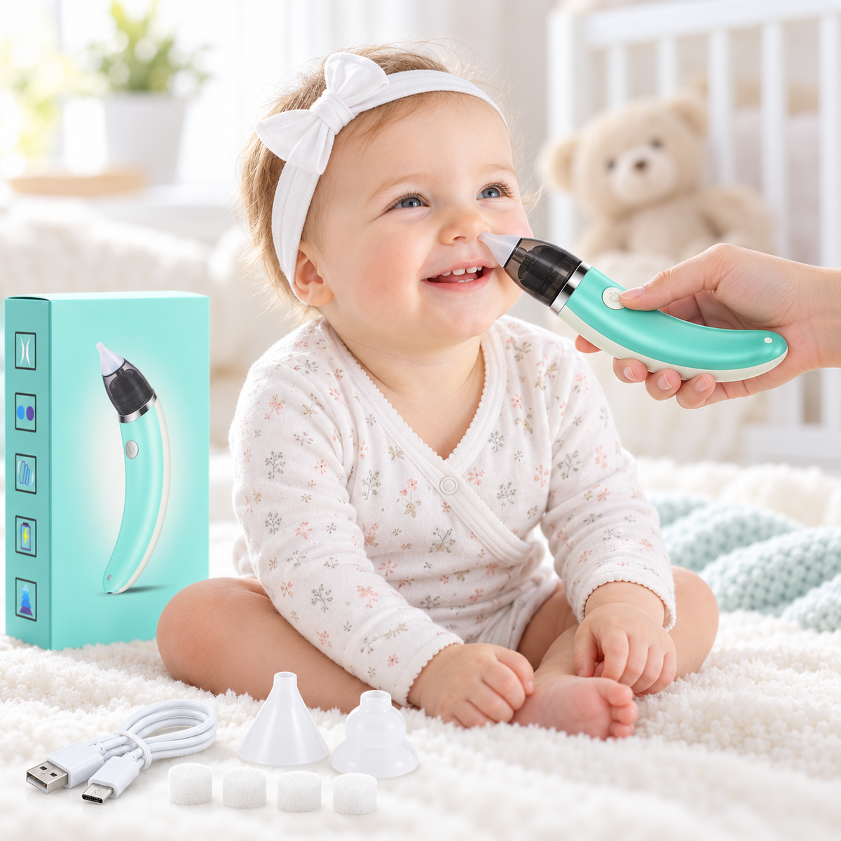 1+1 CADOU: Aspirator Nazal Electric pentru Bebeluși NasoCare™ – Aspirare Delicată, 2 Capete din Silicon, Reîncărcabil USB