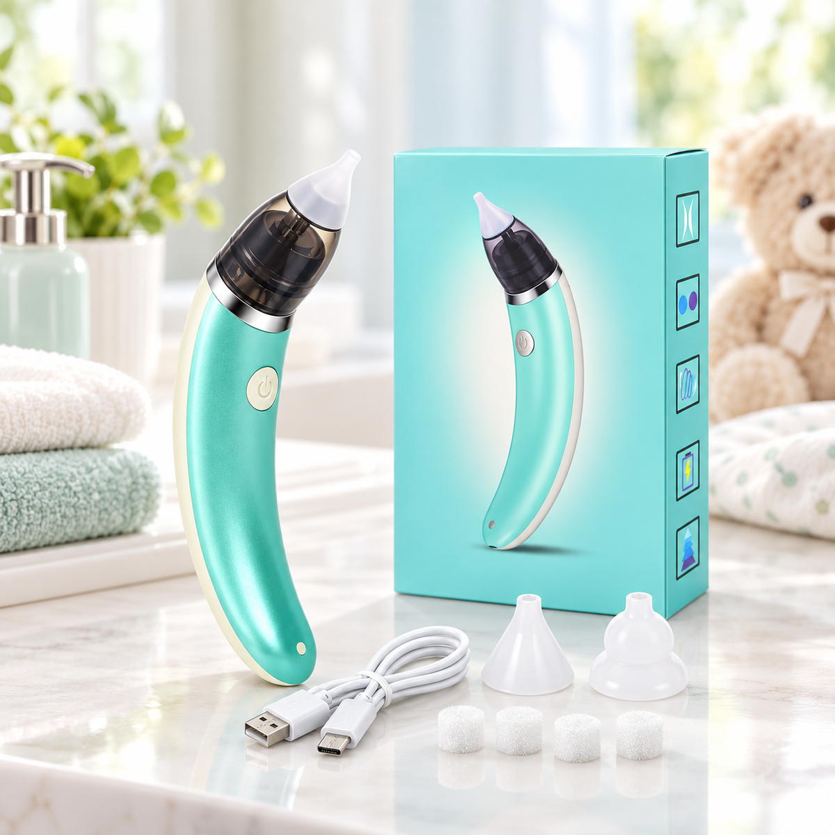 1+1 CADOU: Aspirator Nazal Electric pentru Bebeluși NasoCare™ – Aspirare Delicată, 2 Capete din Silicon, Reîncărcabil USB