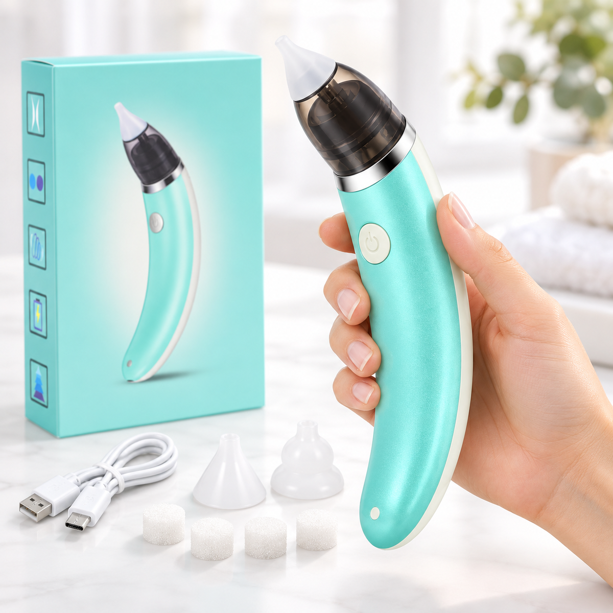 1+1 CADOU: Aspirator Nazal Electric pentru Bebeluși NasoCare™ – Aspirare Delicată, 2 Capete din Silicon, Reîncărcabil USB