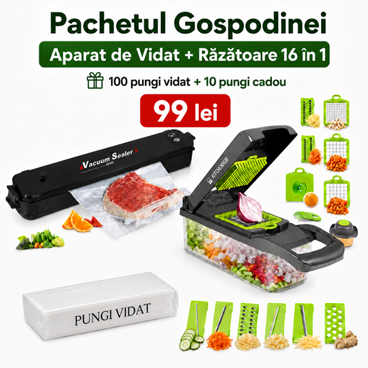 Pachetul Gospodinei: Aparat de Vidat + 100 pungi vidat + Răzătoare 16 în 1 + 10 Pungi Cadou