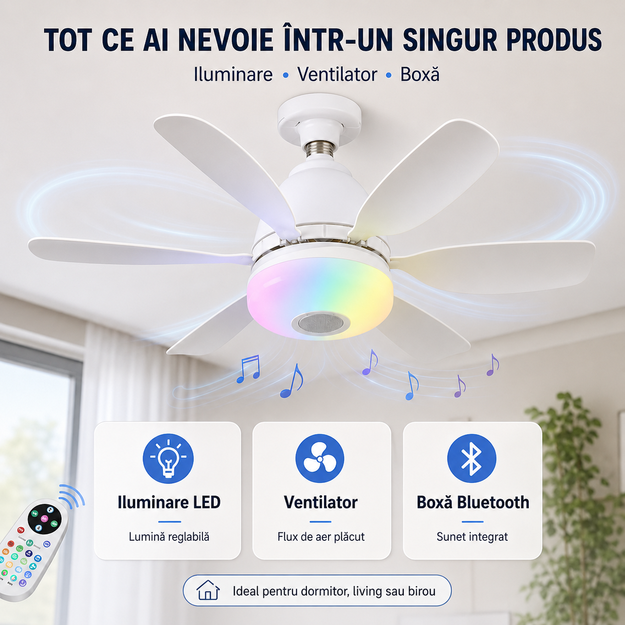 Ventilator de Tavan SMART Iluminare LED cu Boxa - Conexiune Bluetooth