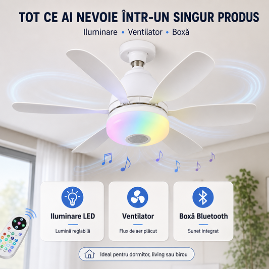 Ventilator de Tavan SMART Iluminare LED cu Boxa - Conexiune Bluetooth